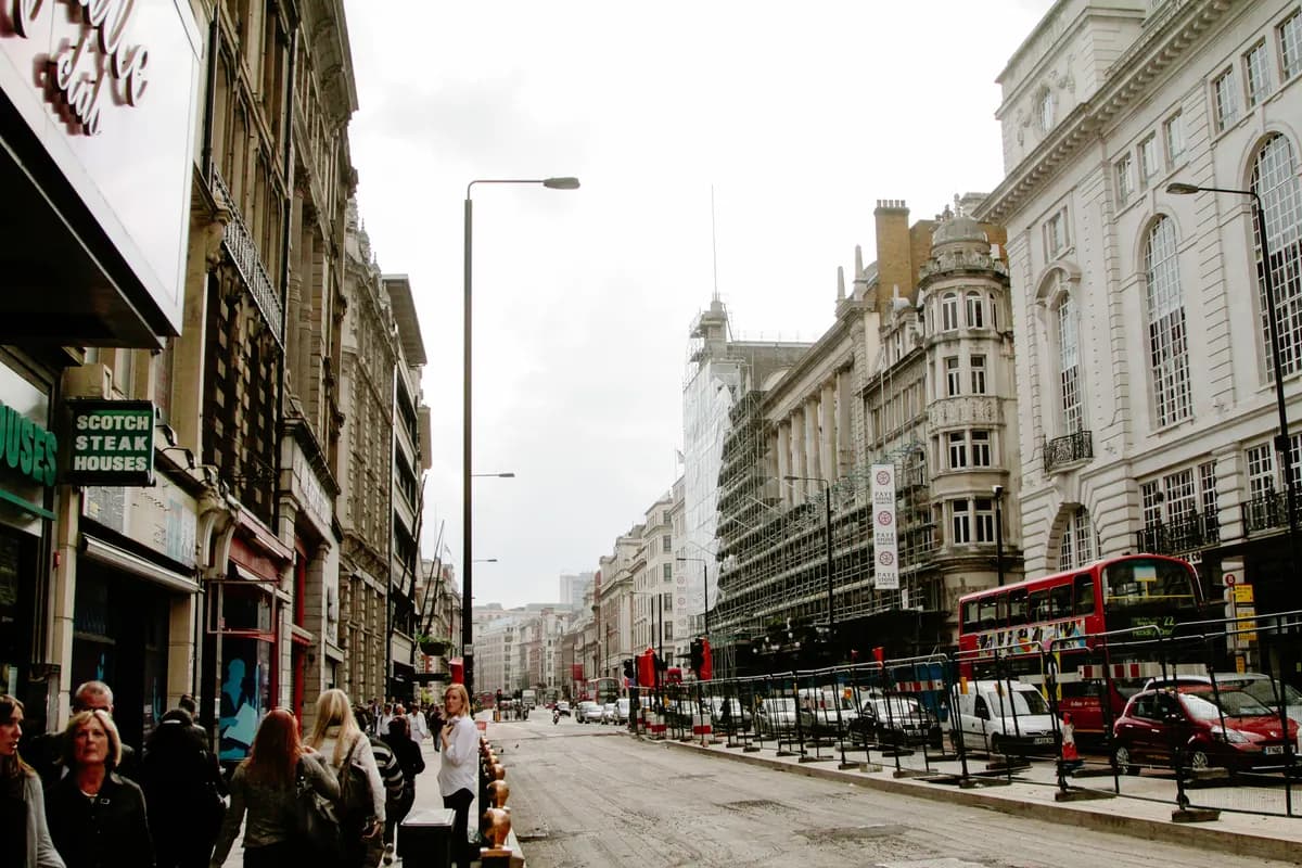 A busy London street on an overcast day