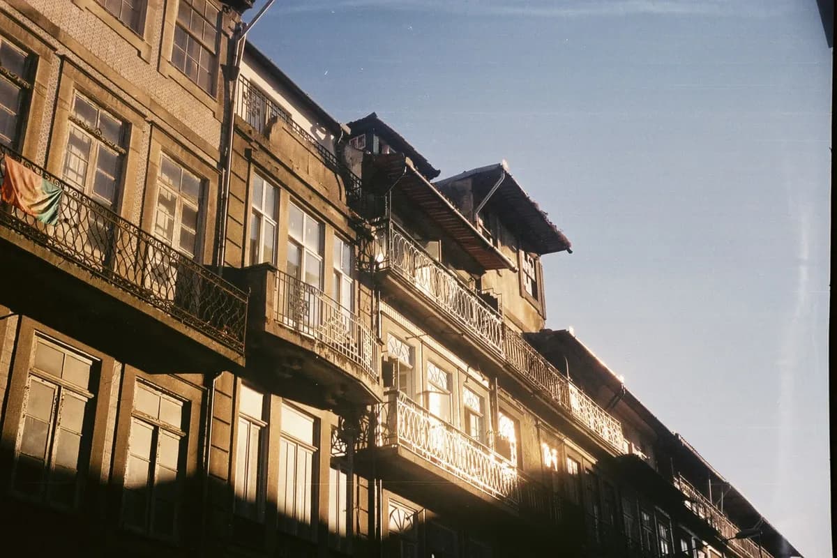 A Portuguese residential building with wrought-iron balconies