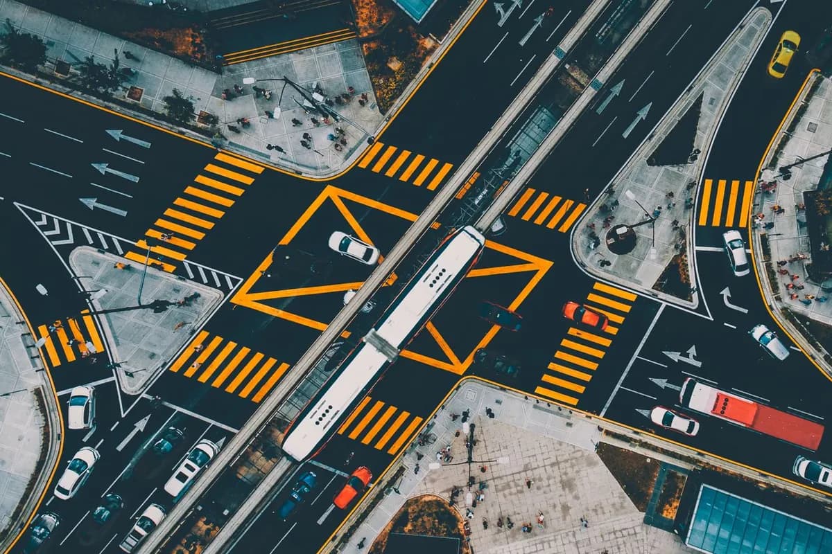 A city street grid seen from above with crossing roads