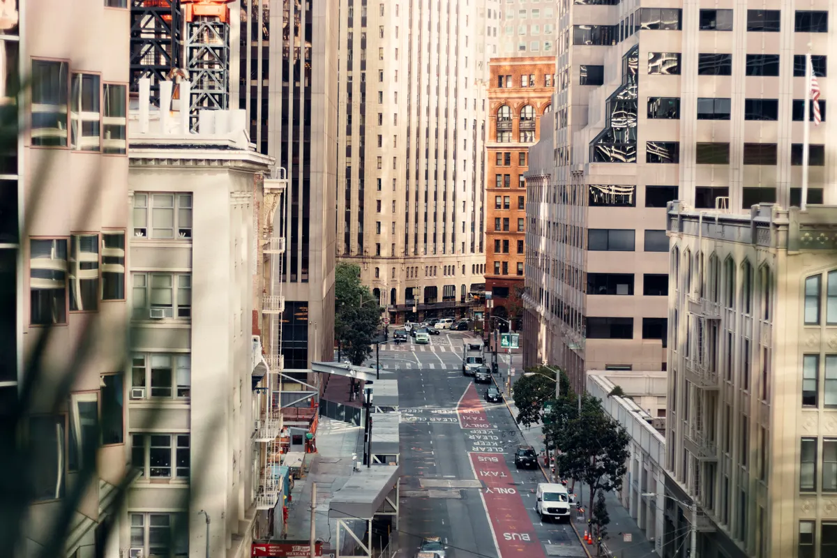 Office towers along a street in San Francisco’s financial district