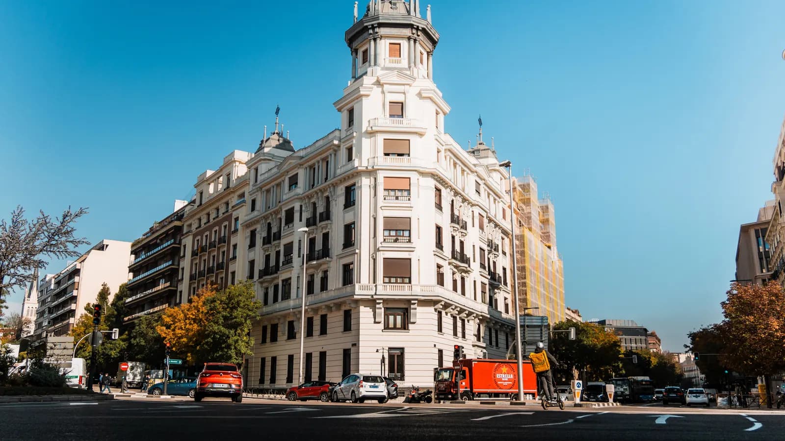 A Madrid street lined with historic apartment buildings